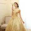 Elegant Gold Prom Dresses 2020 Ball Gown Off-The-Shoulder Short Sleeve Appliques Lace Glitter Tulle Floor-Length / Long Ruffle Backless Formal Dresses