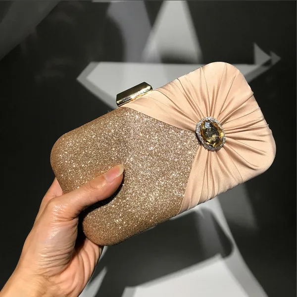 Elegant Gold Square Clutch Bags 2020 Metal Glitter Polyester Silk Rhinestone