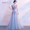 Elegant Grey Evening Dresses  2017 A-Line / Princess Scoop Neck Cap Sleeves Appliques Lace Pearl Bow Sash Court Train Ruffle Backless Formal Dresses