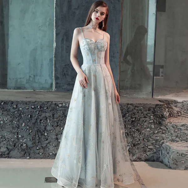 Elegant Grey Evening Dresses  2018 A-Line / Princess Cartoon Spaghetti Straps Backless Sleeveless Floor-Length / Long Formal Dresses