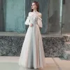 Elegant Grey Evening Dresses  2018 A-Line / Princess Pleated Beading Crystal Off-The-Shoulder Backless Short Sleeve Floor-Length / Long Formal Dresses