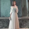 Elegant Grey Evening Dresses  2018 A-Line / Princess Pleated Beading Crystal Off-The-Shoulder Backless Short Sleeve Floor-Length / Long Formal Dresses