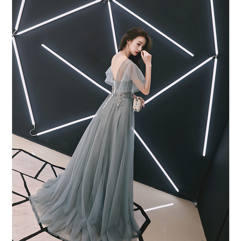 Elegant Grey Evening Dresses 2018 A-Line / Princess V-Neck Short Sleeve ...