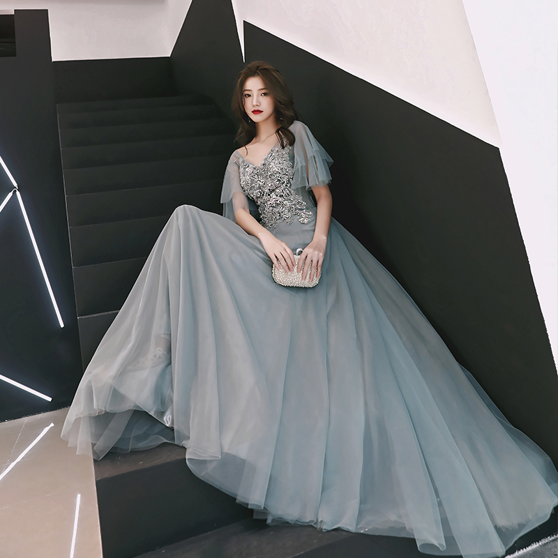 Elegant Grey Evening Dresses 2018 A-Line / Princess V-Neck Short Sleeve ...