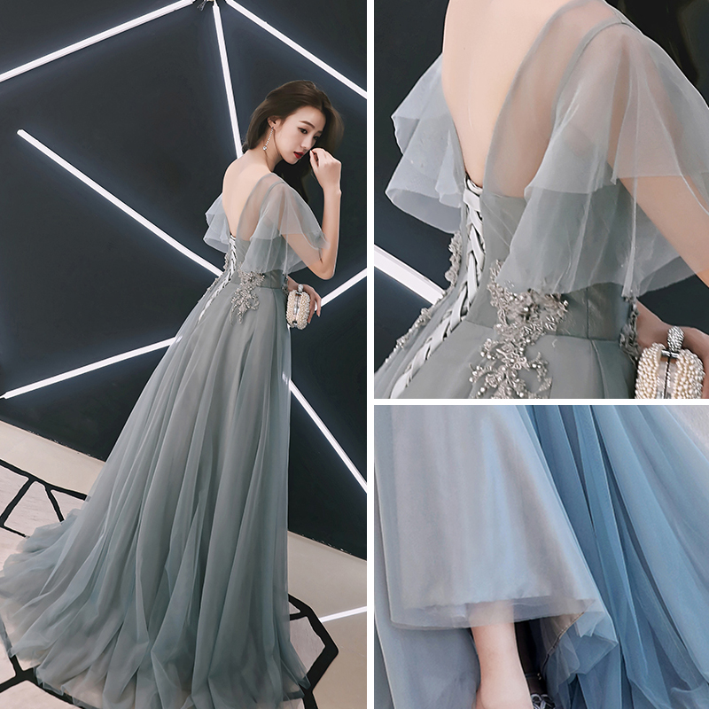 Elegant Grey Evening Dresses 2018 A-Line / Princess V-Neck Short Sleeve ...