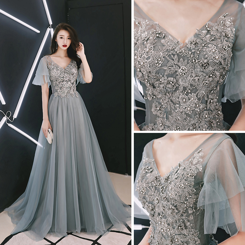 Elegant Grey Evening Dresses 2018 A-Line / Princess V-Neck Short Sleeve ...