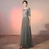 Elegant Grey Evening Dresses  2020 A-Line / Princess Scoop Neck Pearl Rhinestone Lace Flower Appliques 1/2 Sleeves Backless Floor-Length / Long Formal Dresses