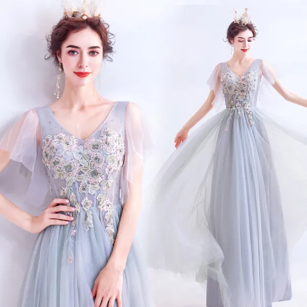 Elegant Grey Evening Dresses  2020 A-Line / Princess V-Neck Pearl Rhinestone Lace Flower Short Sleeve Backless Floor-Length / Long Formal Dresses
