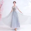 Elegant Grey Evening Dresses  2020 A-Line / Princess V-Neck Pearl Rhinestone Lace Flower Short Sleeve Backless Floor-Length / Long Formal Dresses