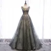 Elegant Grey See-through Prom Dresses 2020 A-Line / Princess Scoop Neck Sleeveless Sequins Beading Sweep Train Ruffle Backless Formal Dresses