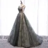 Elegant Grey See-through Prom Dresses 2020 A-Line / Princess Scoop Neck Sleeveless Sequins Beading Sweep Train Ruffle Backless Formal Dresses