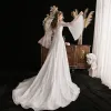 Elegant Ivory See-through Outdoor / Garden Wedding Dresses 2019 A-Line / Princess Scoop Neck Bell sleeves Glitter Tulle Appliques Flower Beading Court Train Ruffle