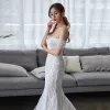 Elegant Ivory Wedding Dresses 2019 Trumpet / Mermaid Off-The-Shoulder Short Sleeve Backless Appliques Lace Chapel Train Ruffle