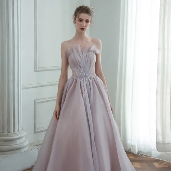 Elegant Lavender Dancing Prom Dresses 2020 A-Line / Princess Sweetheart Sleeveless Beading Glitter Tulle Floor-Length / Long Ruffle Backless Formal Dresses