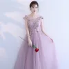 Elegant Lavender Evening Dresses  2017 A-Line / Princess Scoop Neck Sleeveless Appliques Flower Floor-Length / Long Ruffle Backless Formal Dresses