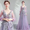 Elegant Lavender Prom Dresses 2019 A-Line / Princess V-Neck Lace Appliques Rhinestone 3/4 Sleeve Backless Sweep Train Formal Dresses
