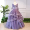 Elegant Lavender Quinceañera Prom Dresses 2018 Ball Gown Appliques Pearl Square Neckline Backless 3/4 Sleeve Cascading Ruffles Floor-Length / Long Formal Dresses