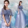Elegant Lavender See-through Prom Dresses With Shawl 2018 A-Line / Princess Scoop Neck 1/2 Sleeves Appliques Lace Pearl Ankle Length Ruffle Backless Formal Dresses