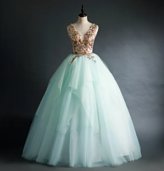 Elegant Mint Green Prom Dresses 2020 Ball Gown V-Neck Sequins Sleeveless Backless Floor-Length / Long Formal Dresses