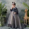 Elegant Navy Blue See-through Flower Girl Dresses 2019 A-Line / Princess Scoop Neck Long Sleeve Feather Sequins Pearl Beading Bow Sash Sweep Train Ruffle Backless Wedding Party Dresses