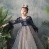 Elegant Navy Blue See-through Flower Girl Dresses 2019 A-Line / Princess Scoop Neck Long Sleeve Feather Sequins Pearl Beading Bow Sash Sweep Train Ruffle Backless Wedding Party Dresses