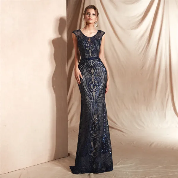 Elegant Navy Blue See-through Lace Evening Dresses  2020 Trumpet / Mermaid Scoop Neck Sleeveless Sequins Floor-Length / Long Ruffle Formal Dresses