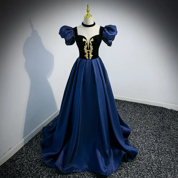 Elegant Navy Blue Suede Prom Dresses 2022 A-Line / Princess Off-The-Shoulder Puffy Short Sleeve Backless Sweep Train Formal Dresses