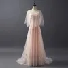 Elegant Pearl Pink Evening Dresses  With Shawl 2018 A-Line / Princess Scoop Neck Sleeveless Appliques Lace Pearl Sweep Train Ruffle Backless Formal Dresses