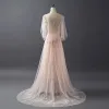 Elegant Pearl Pink Evening Dresses  With Shawl 2018 A-Line / Princess Scoop Neck Sleeveless Appliques Lace Pearl Sweep Train Ruffle Backless Formal Dresses