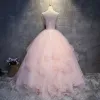 Elegant Pearl Pink Prom Dresses 2017 Ball Gown Lace Appliques Rhinestone Scoop Neck Backless Sleeveless Floor-Length / Long Formal Dresses