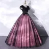 Elegant Purple Lace Flower Prom Dresses 2021 A-Line / Princess V-Neck Beading Short Sleeve Floor-Length / Long Formal Dresses