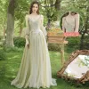 Elegant Sage Green Bridesmaid Dresses 2020 A-Line / Princess Appliques Lace Backless Floor-Length / Long Ruffle