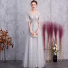 Elegant Silver Evening Dresses  2019 A-Line / Princess V-Neck Rhinestone Lace Flower 1/2 Sleeves Backless Floor-Length / Long Formal Dresses