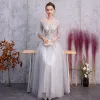 Elegant Silver Evening Dresses  2019 A-Line / Princess V-Neck Rhinestone Lace Flower 1/2 Sleeves Backless Floor-Length / Long Formal Dresses