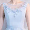 Elegant Sky Blue See-through Homecoming Graduation Dresses 2018 A-Line / Princess Scoop Neck Sleeveless Appliques Lace Pearl Tea-length Ruffle Backless Formal Dresses