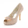 Elegant Wedding Shoes 2016 Champagne Stiletto Heels Pumps 4 Inch High Heel Peep Toe