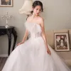 Elegant White Wedding Dresses 2018 A-Line / Princess Strapless Sleeveless Backless Feather Beading Sweep Train Ruffle