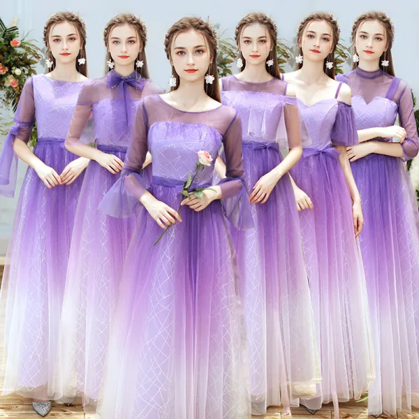 Elegante Lila Farbverlauf Brautjungfernkleider 2019 A Linie Glanz Pailletten Lange Rüschen Rückenfreies Kleider Für Hochzeit