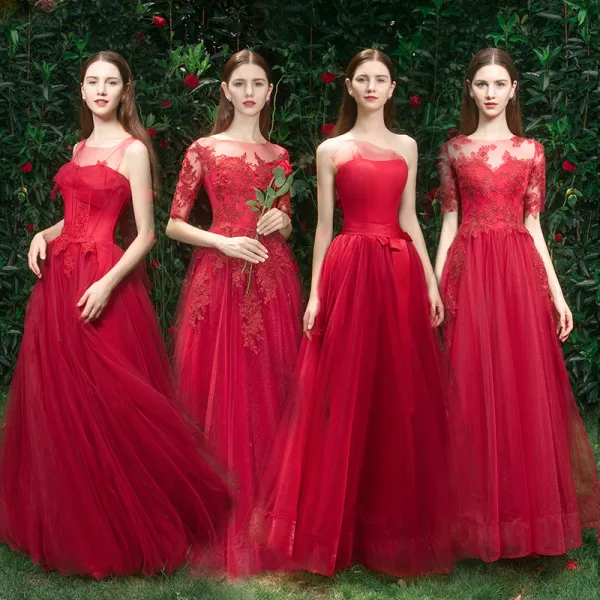 Elegantes Rojo Vestidos De Damas De Honor 2019 A-Line / Princess Apliques Con Encaje Rebordear Largos Ruffle Vestidos para bodas