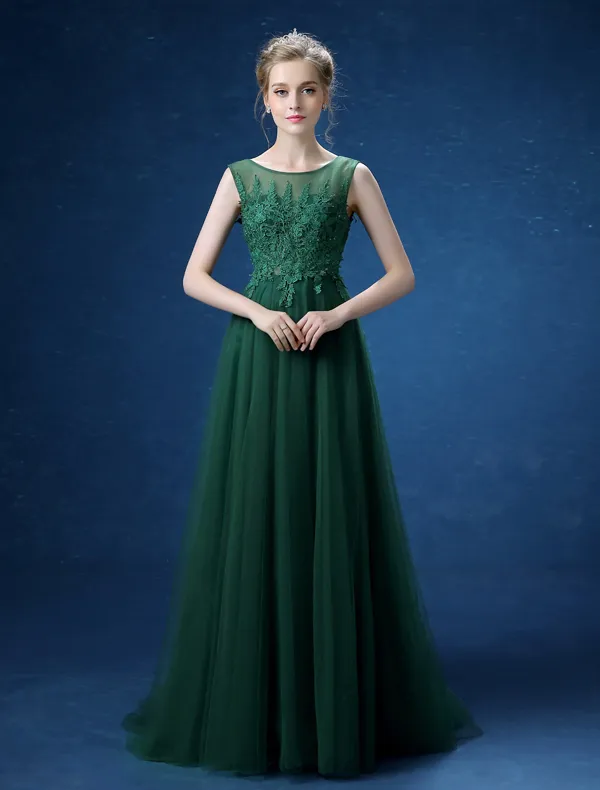 Empire Scoop Neckline Applique Lace Backless Dark Green Long Evening Dress