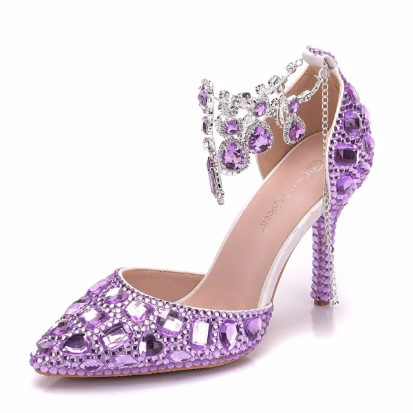 Encantador Lila Zapatos de novia 2018 Crystal Correa Del Tobillo 9 cm Stilettos / Tacones De Aguja Punta Estrecha Boda High Heels