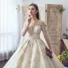 Fabulous Champagne See-through Wedding Dresses 2019 A-Line / Princess Square Neckline 3/4 Sleeve Backless Pierced Appliques Lace Beading Glitter Tulle Cathedral Train Ruffle