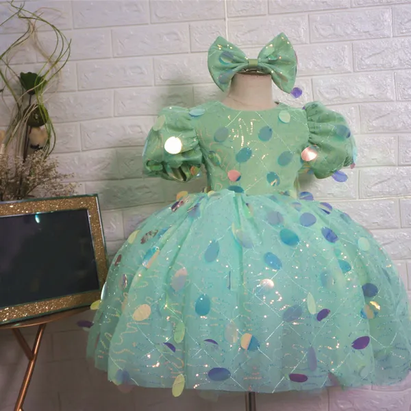 Fairytale Mint Green Birthday Flower Girl Dresses 2020 Ball Gown Scoop Neck Puffy Short Sleeve Sequins Short Ruffle Wedding Party Dresses