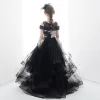 Fancy Black Gold Birthday Wedding Party Dresses 2020 Ball Gown Scoop Neck Short Sleeve Printing Split Front Floor-Length / Long Ruffle