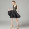Fashion Black Lace Party Dresses 2021 A-Line / Princess Deep V-Neck Sleeveless Short Ruffle Backless Formal Dresses