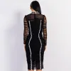 Fashion Black Lace Summer Maxi Dresses 2020 High Neck Long Sleeve Knee-Length Womens Clothing