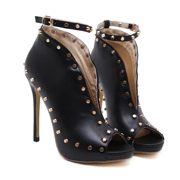 Fashion Black Street Wear Rivet Womens Boots 2020 Ankle Strap 12 cm Stiletto Heels Open / Peep Toe Boots