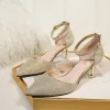 Fashion Gold Wedding Shoes 2020 Sequins Ankle Strap 6 cm Stiletto Heels Pointed Toe Wedding Heels
