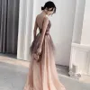Fashion Gradient-Color Khaki Glitter Evening Dresses  2020 A-Line / Princess Spaghetti Straps Sleeveless Backless Floor-Length / Long Formal Dresses