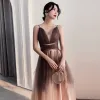 Fashion Gradient-Color Khaki Glitter Evening Dresses  2020 A-Line / Princess Spaghetti Straps Sleeveless Backless Floor-Length / Long Formal Dresses